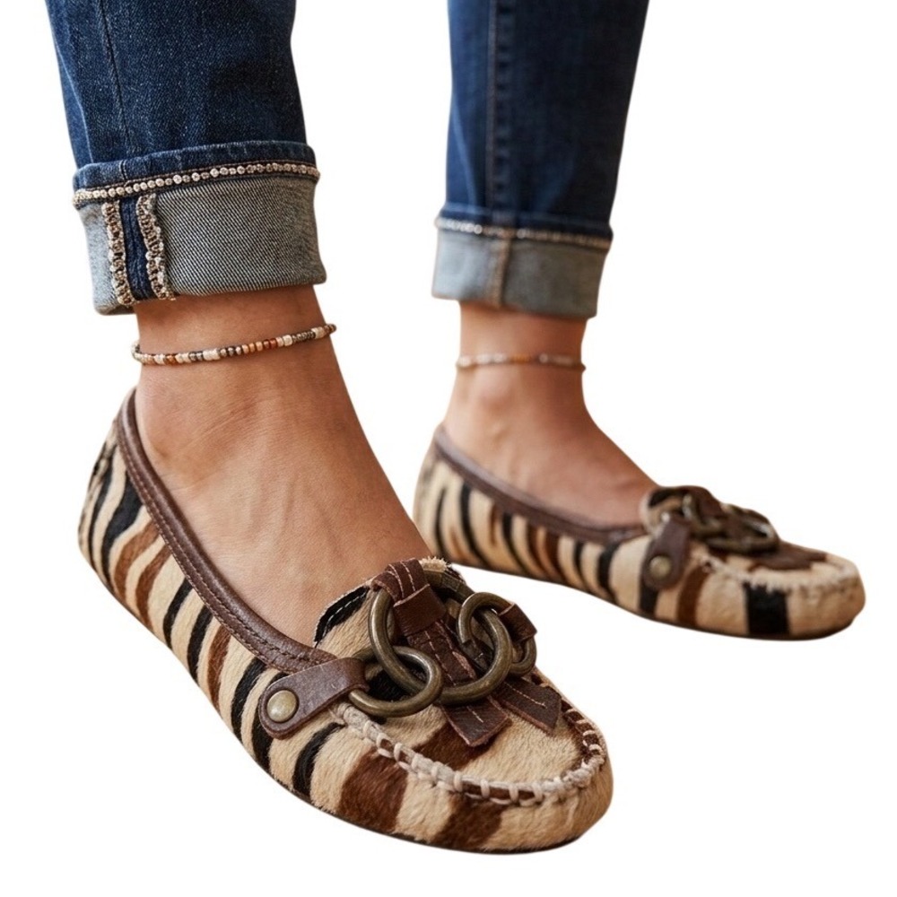 Matisse Zebra Calf Hair Moccasin Loafers Brown Tan Black Size 6.5M
